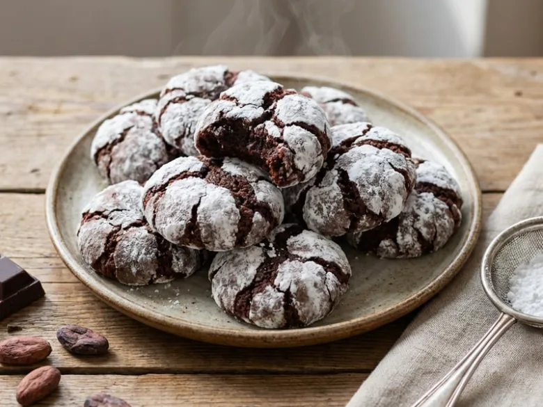 Čokoládové sušenky Crinkles posypané moučkovým cukrem na dřevěném stole.