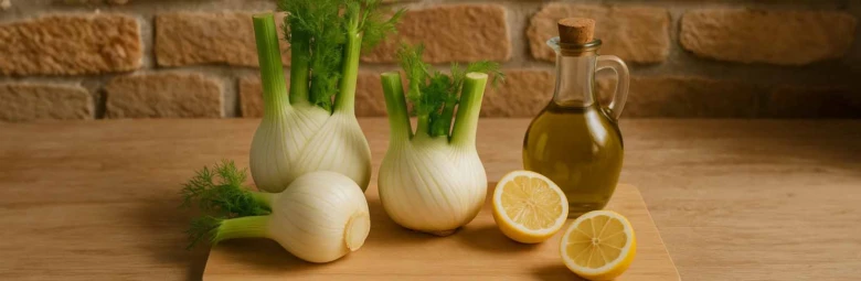 Čerstvý fenikel s citronem a olivovým olejem na dřevěném povrchu.