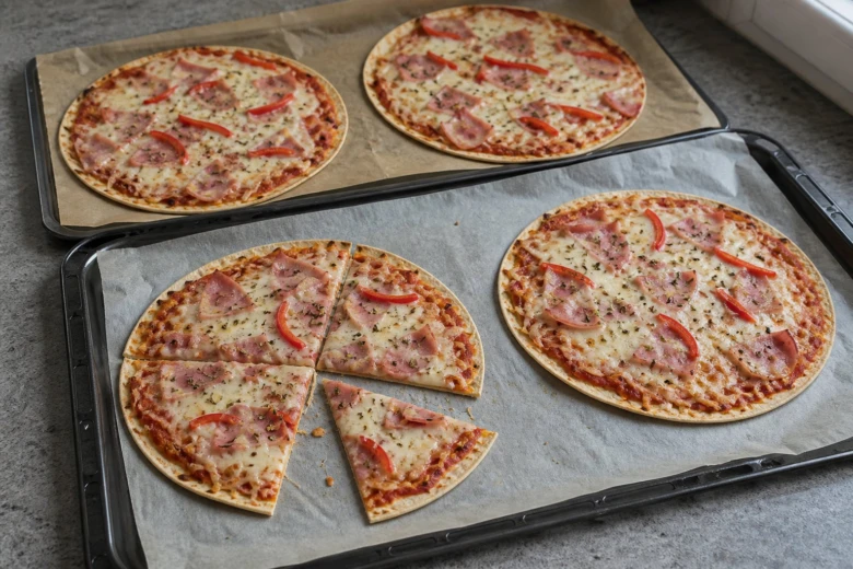 Domácí pizzy z tortilly připravené na plechu v troubě.