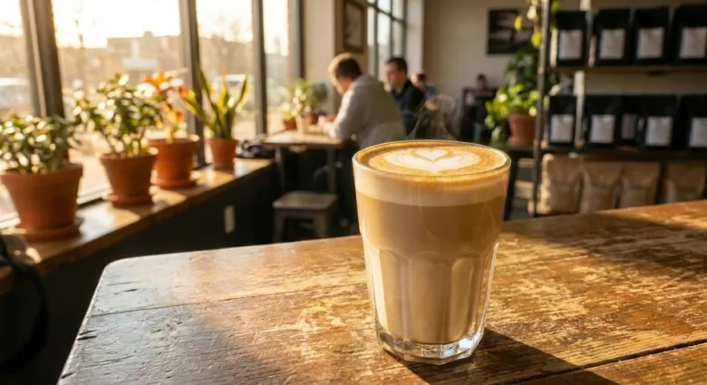 Latte s pěnou ve tvaru srdce na dřevěném stole v kavárně.