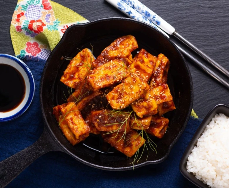 Připravený tofu na pánvi s omáčkou, sezamem a rýží.