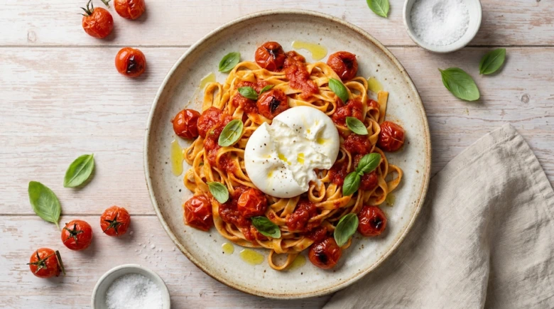 Pasta s rajčaty, bazalkou a vejcem na talíři.