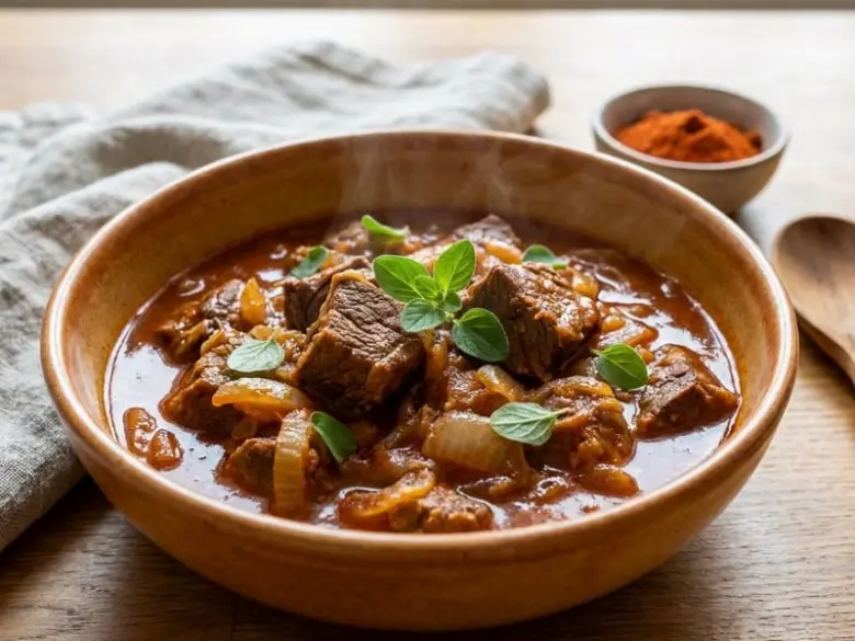 Beef goulash in bowl