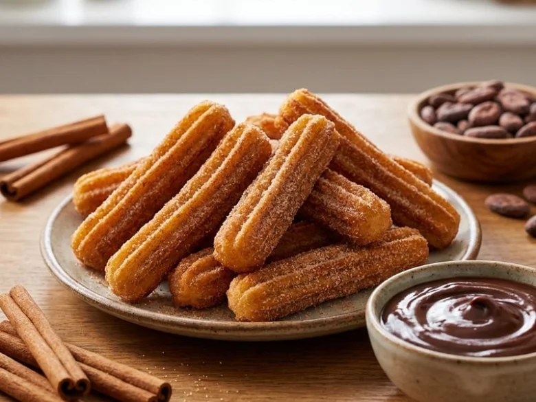 Zlaté churro s čokoládovou omáčkou na dřevěném stole.