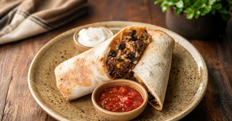 Otevřený burrito s rýží, fazolí a masem na talíři.