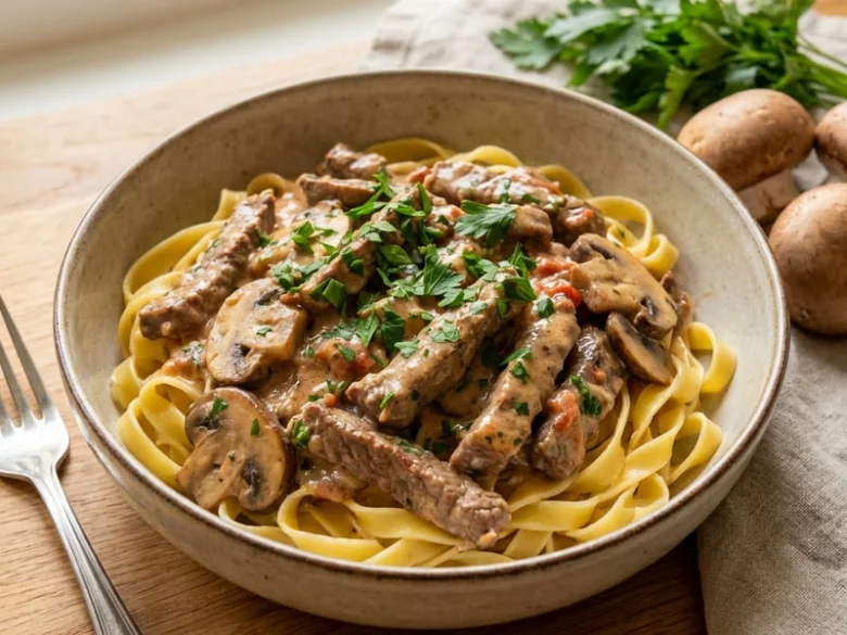 Mísa hovězího stroganovu s těstovinami a houbovou omáčkou.