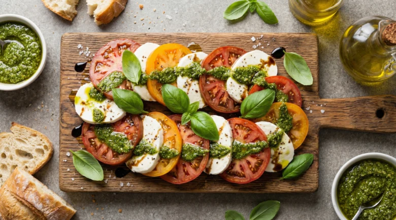Caprese salát s rajčaty, mozzarellou a bazalkovou omáčkou na dřevěném talíři.
