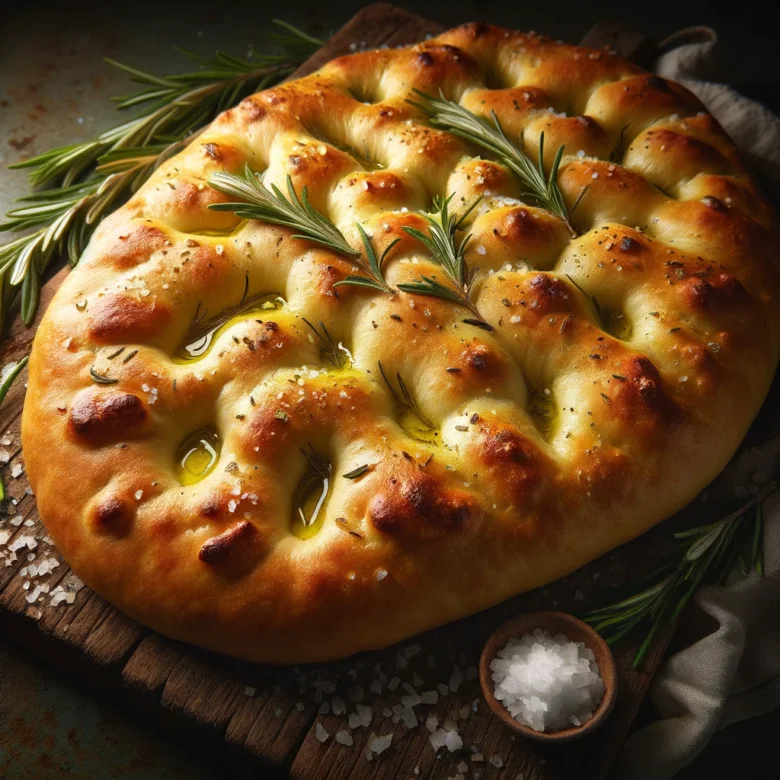 Zlatá focaccia s rozmarýnem, solí a olivovým olejem na dřevěném podkladu.
