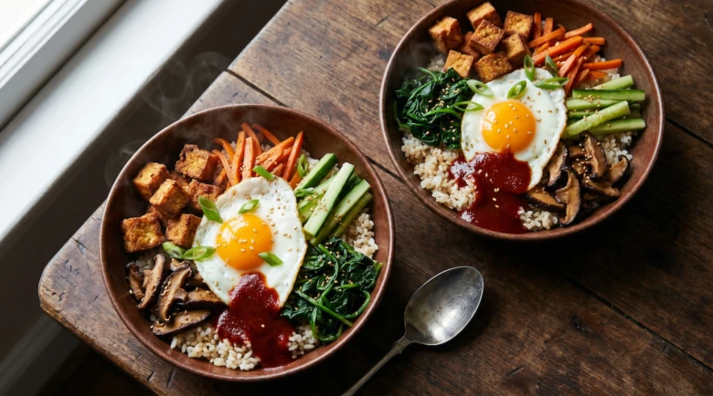 Dvě misky bibimbap s vejcem, zeleninou a tofu na dřevěném stole.