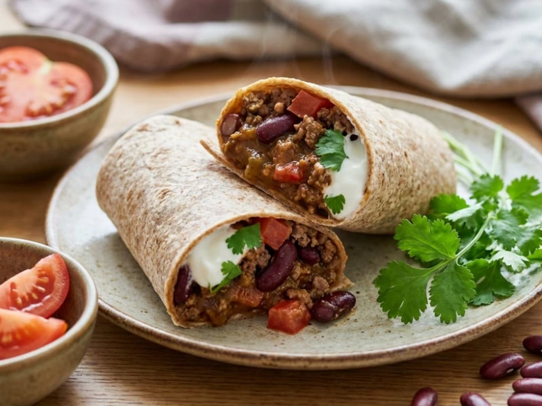 Svařené burrito s mletým masem, fazolemi a čerstvou petrželkou.