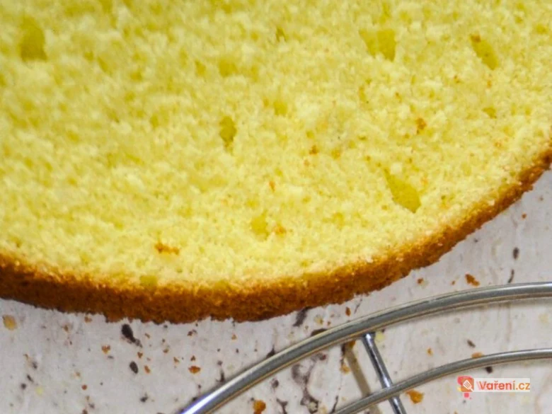 Připravené piškotové těsto po upečení s viditelnou strukturovou texturou.