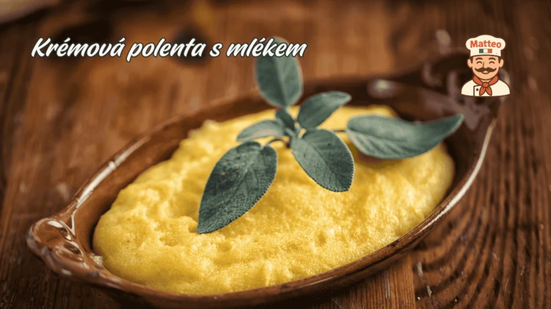 Kremová kukuřičná kaše s čerstvou šalvějí v hlinitém hrnci.