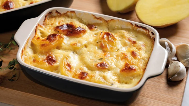 Gratinované brambory v keramické formě s zlatou kůrkou.