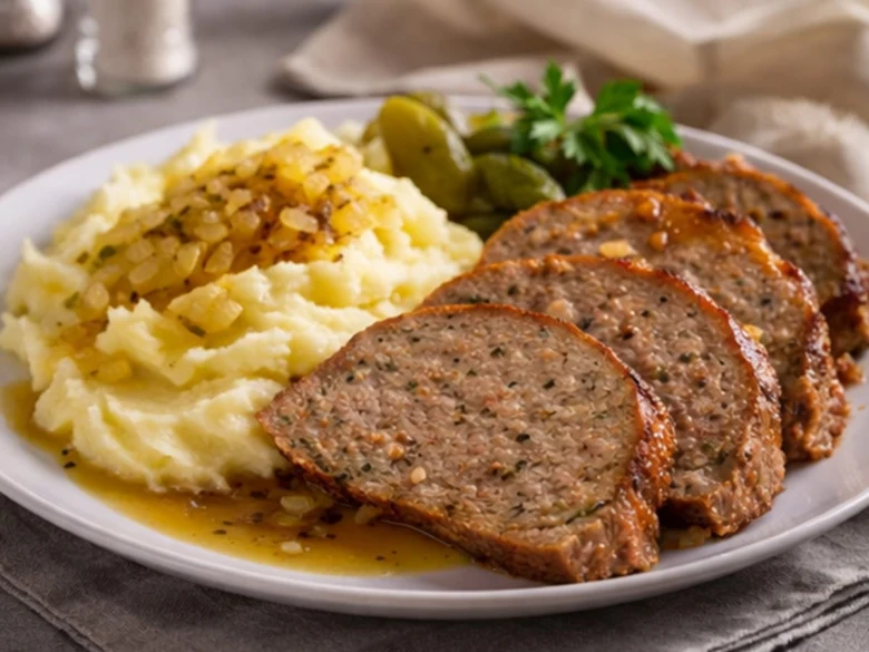 Příprava: Sekaná z mletého masa s bramborovou kaší.