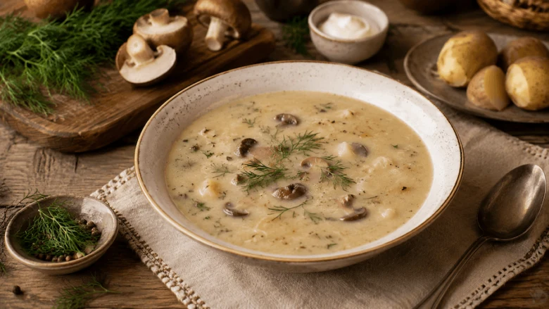 Kulajda polévka s houbami, koprem a bramborami na dřevěném stole.