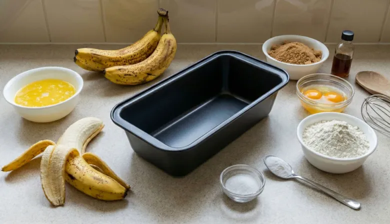Složení pro banánový chlebíček: banány, vejce, mouka, máslo a forma.