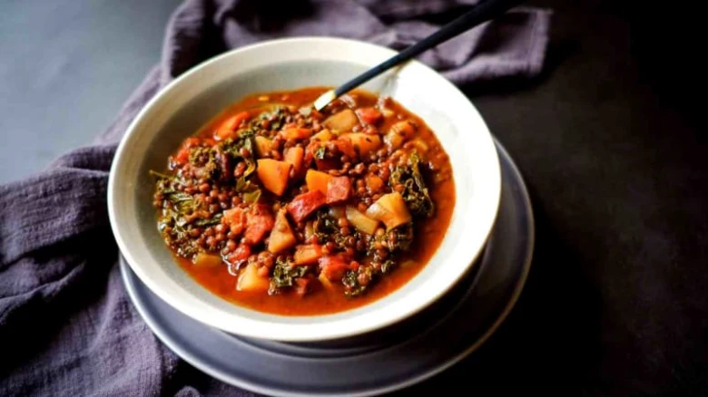 Hot lentil soup in a bowl ready to eat.
