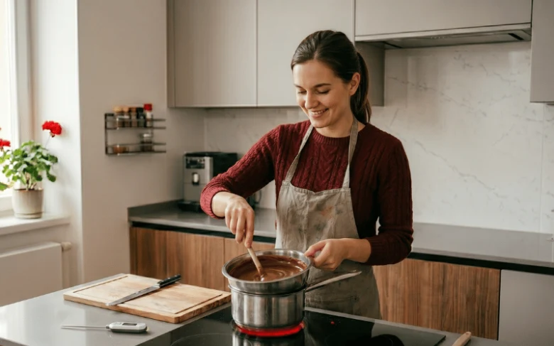 Žena míchá čokoládovou ganache na sporáku v kuchyni.