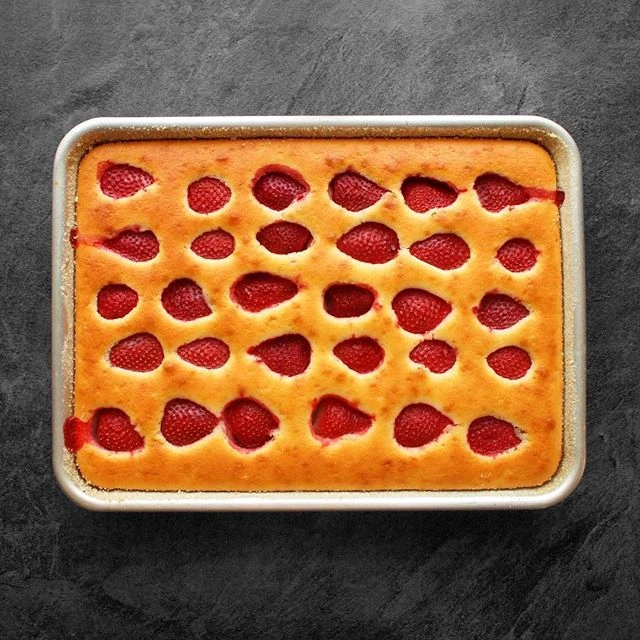 Strawberry sponge cake in pan