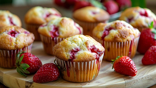 Zlaté muffiny s jahodami na dřevěném prkénku.