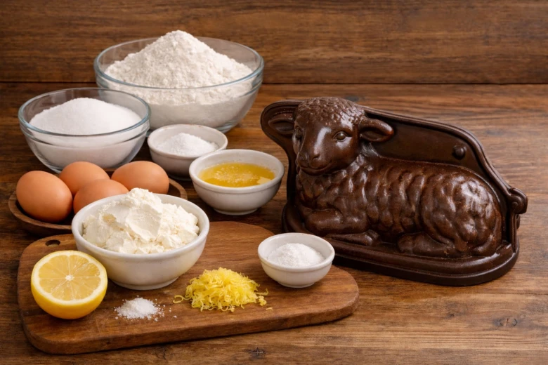 Ingredience na velikonoční beránka s formou ve tvaru ovce.