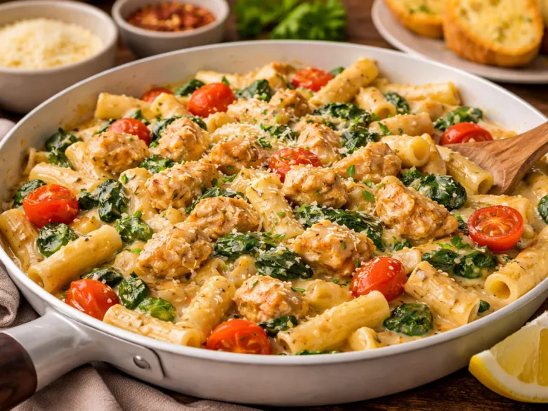 Pasta s kuřecím masem, špenátem a rajčaty v pánvi.
