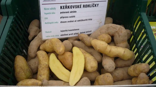 Krabice brambor s etiketou Keňkovské rohlíčky a nakrájená kouskem.
