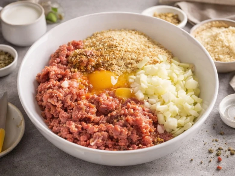 Mísa s surovými ingrediencemi pro přípravu české sekané z mletého masa.