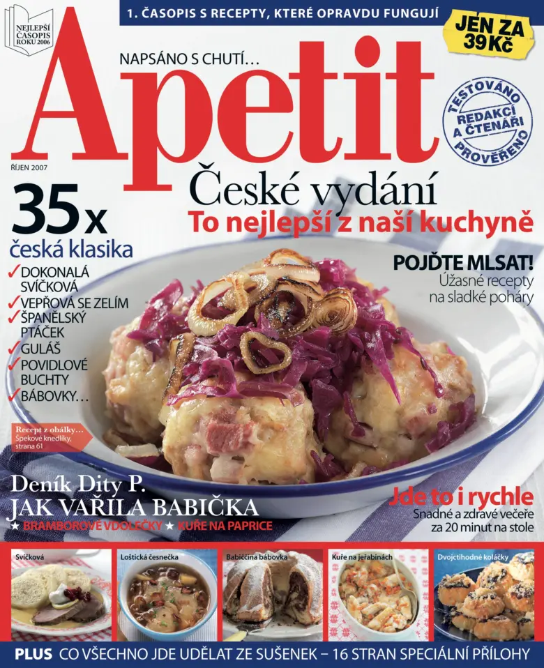 Tradiční české vepřo se zelím s knedlíky na obálce časopisu.
