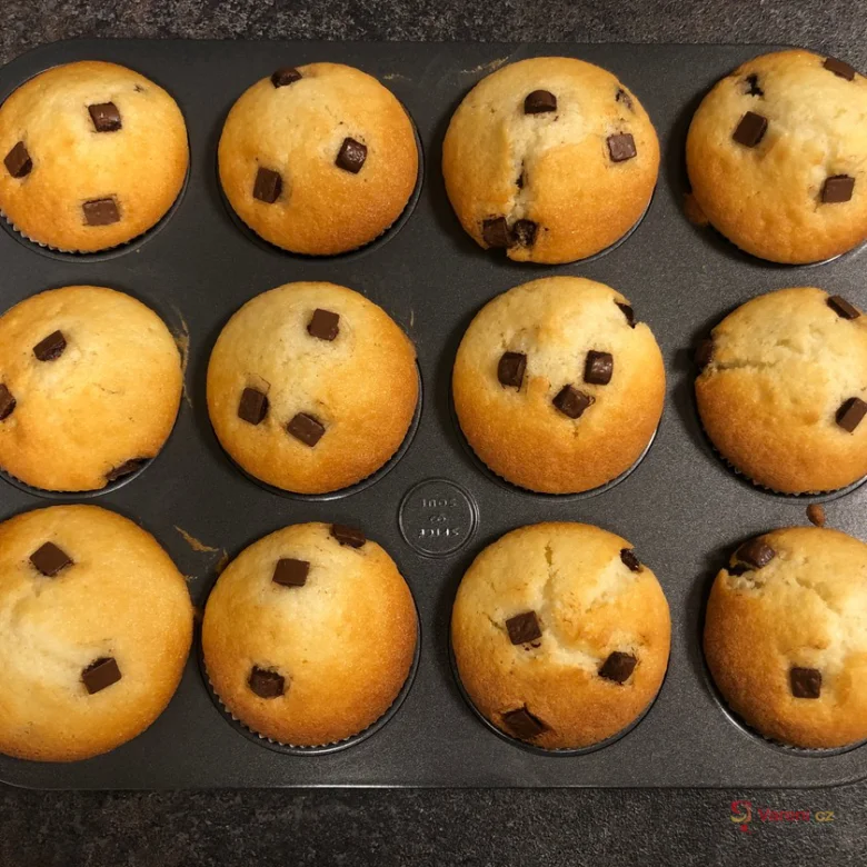 Dvanáct zlatohnědých muffinů s čokoládovými kousky v plechu.