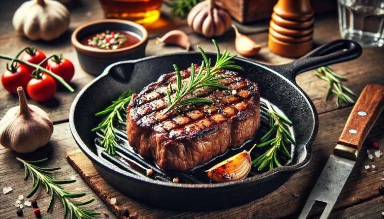 Grilovaný hovězí steak s rozmarýnem a česnekem v železném pánvi.
