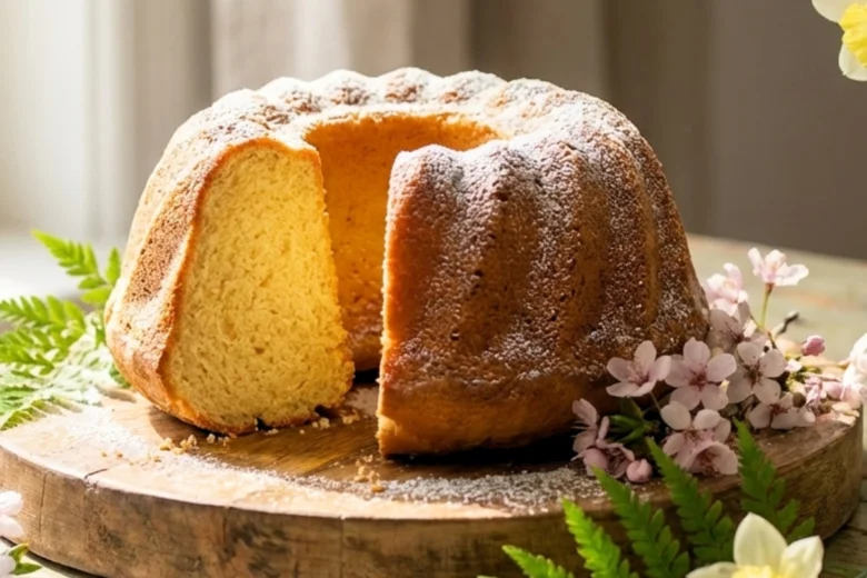 Vláčná hrníčková bábovka s odseknutým kusem na dřevěném podstavci.
