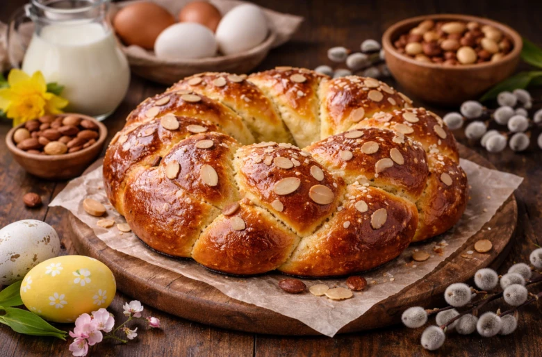 Mazanec s mandlemi na dřevěném talíři k easteru