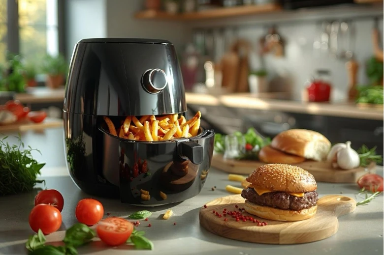 Černá fritéza s hranolky vedle burgerů na kuchyňském stole.