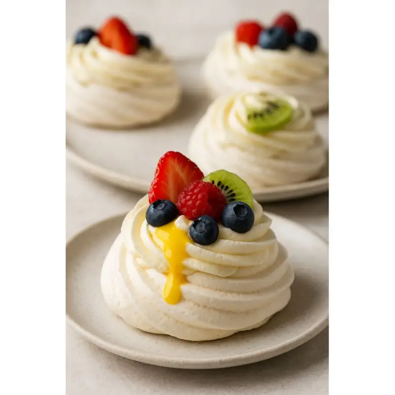 Mini dezerty Pavlova s ovocem a šlehačkou na talířích.