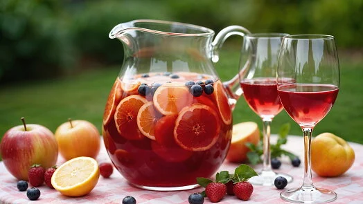 Sklenička s červenou sangrií, ovocem a dvě sklenice vína.