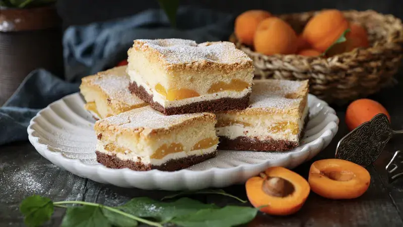 Čtvercové koláče s meruňkami a tvarohem posypané moučkovým cukrem.