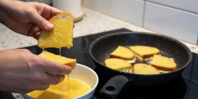 Ruční namáčení chleba do vajíčka před smažením na pánvi.