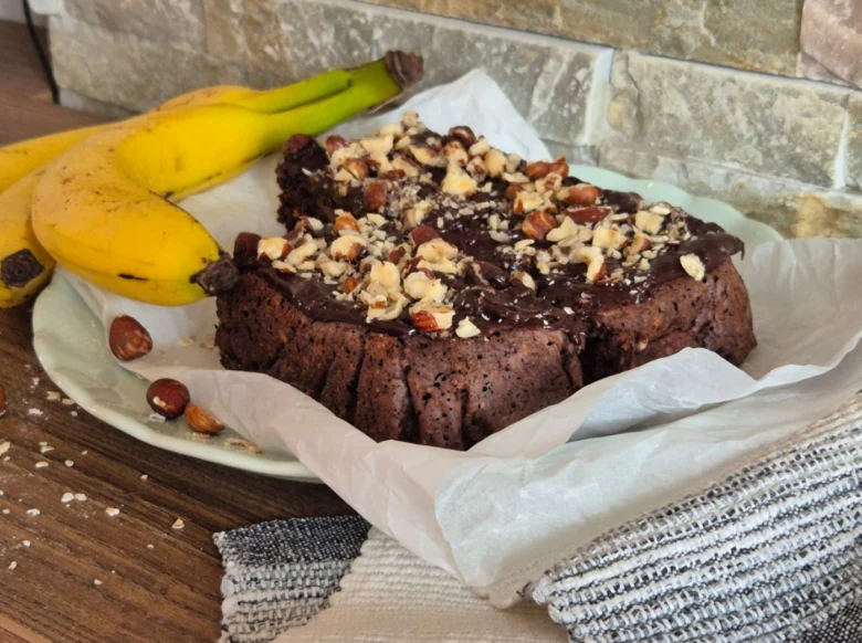 Chocolate banana cake with nuts and bananas