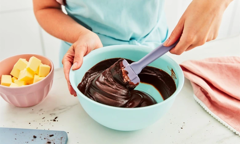 Šlehaná čokoládová ganache se míchá v misce s kousky másla vedle.