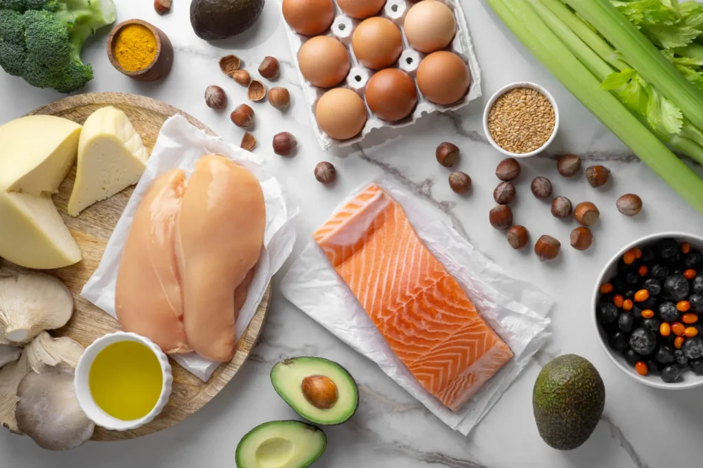 Keto jídla: kuřecí prsa, losos, vejce, avokádo a zelenina.
