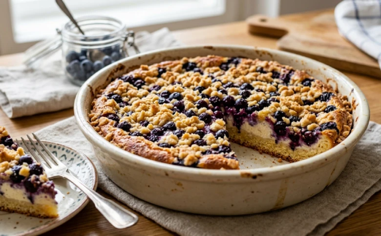 Blueberry crumble pie with slice removed