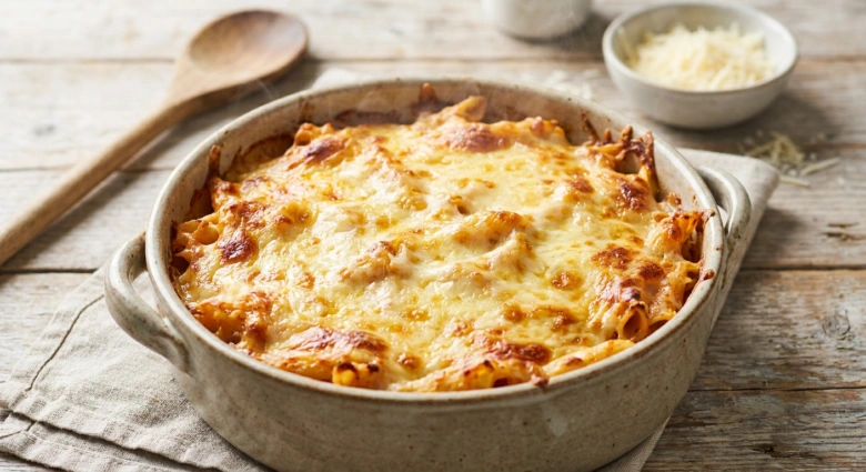 Baked pasta dish in ceramic baking dish